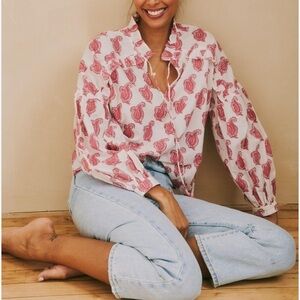 Ophelia & Indigo Pink Lily Top Size XS 100% Cotton Long Sleeve Ruffle